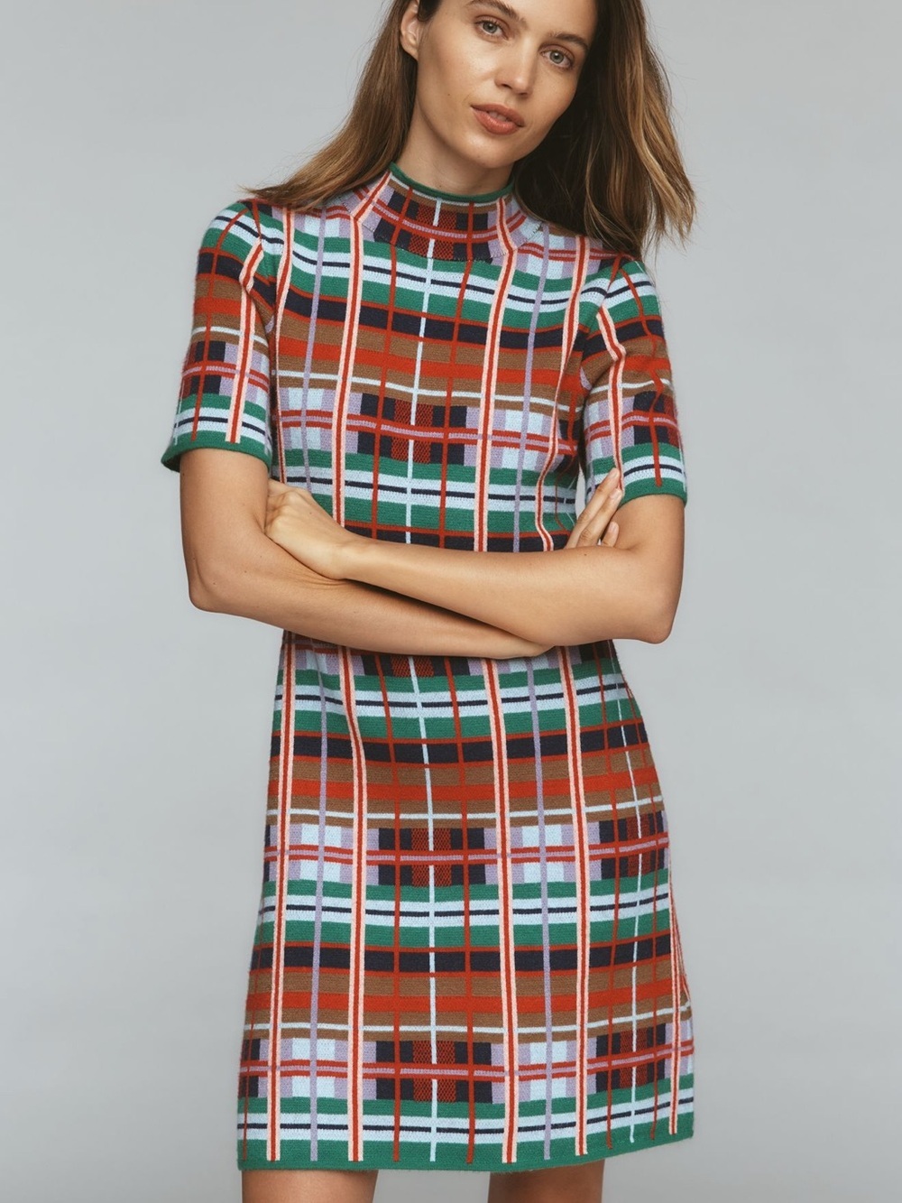 Anthropologie Green Red Plaid Knit Mini Dress